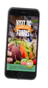 image of a cellphone which has the Visit NCFarms app on the screen